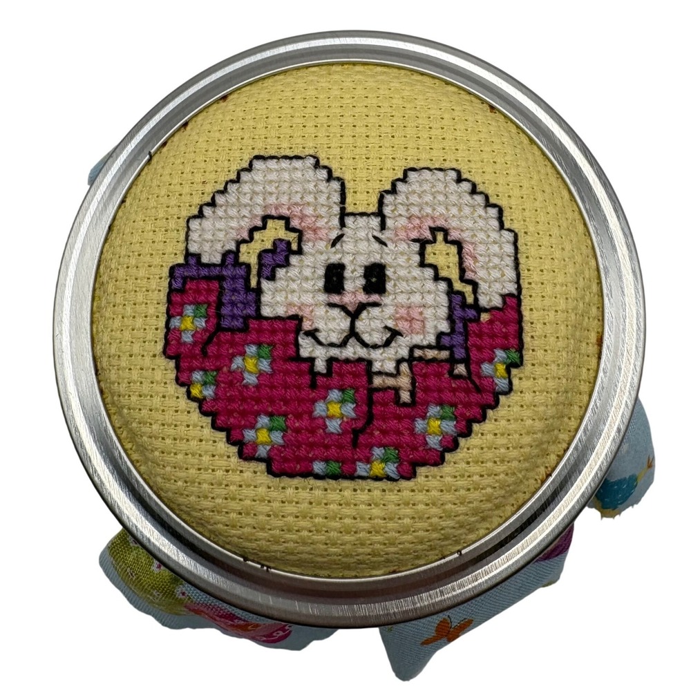 Easter Bunny Cross Stitch Mason Jar Lid Topper Handmade Completed‎ Cottagecore